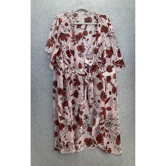 V By Very Women's Sheer Coverup Floral Size 10 US Font Tie Ruffle Hem Pink Long - Picture 1 of 10